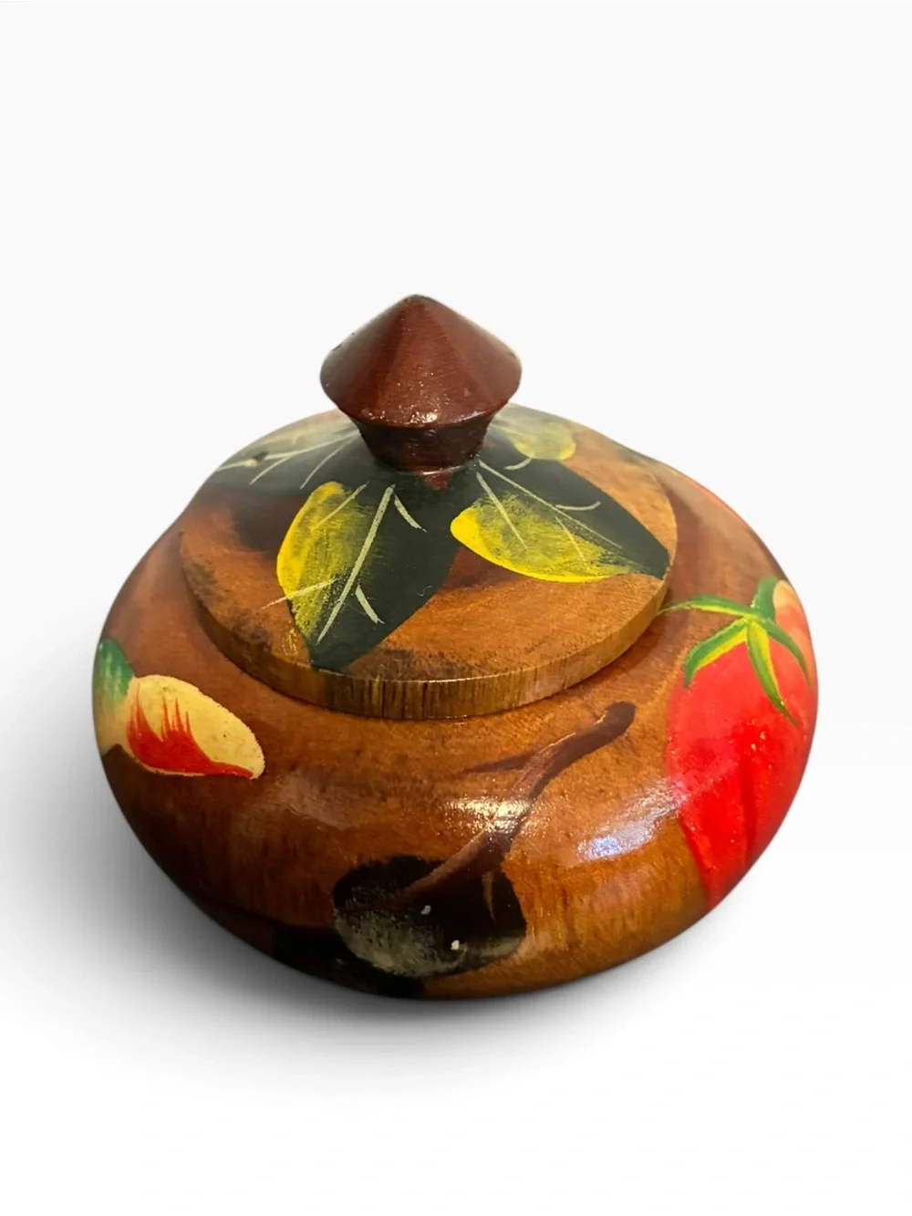 Vintage Hand Turned Wooded Lidded Bowl Hand Painted Wooden Trinket Box Jar 3